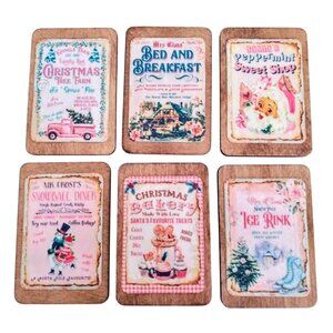 Set Of 6 Vintage Retro 1:6 Scale Dollhouse Miniature Wood Pink Christmas Signs